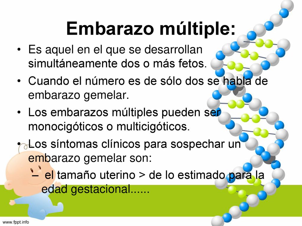 Embarazo múltiple: Es aquel en el que se desarrollan simultáneamente dos o más fetos.