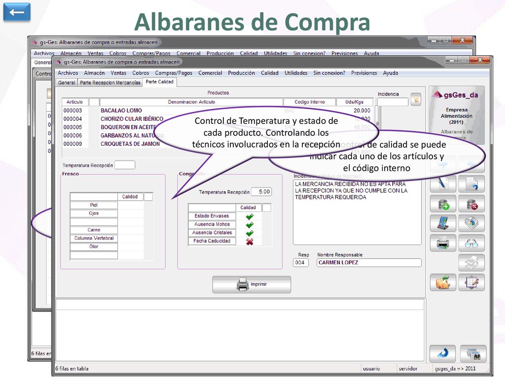 ← Albaranes de Compra. Podemos generar el albarán a partir de un pedido a proveedor previo, cargando los artículos pendientes de recibir.
