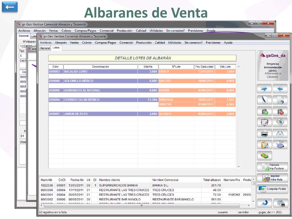 ← Albaranes de Venta. Si no viene en el código de barras se pueden indicar los Lotes y Caducidades de los artículos vendidos.