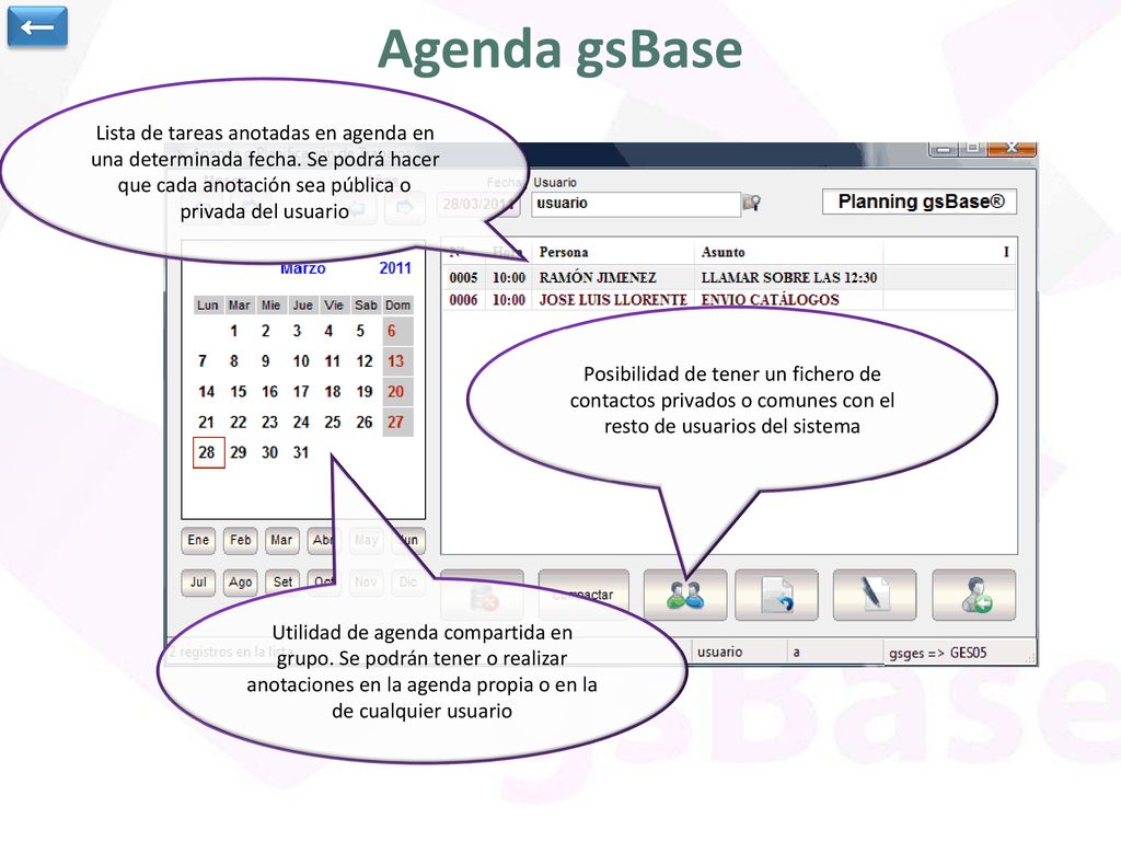 ← Agenda gsBase. Lista de tareas anotadas en agenda en una determinada fecha. Se podrá hacer que cada anotación sea pública o privada del usuario.