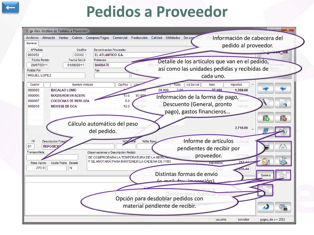 Pedidos a Proveedor ← Información de cabecera del pedido al proveedor.