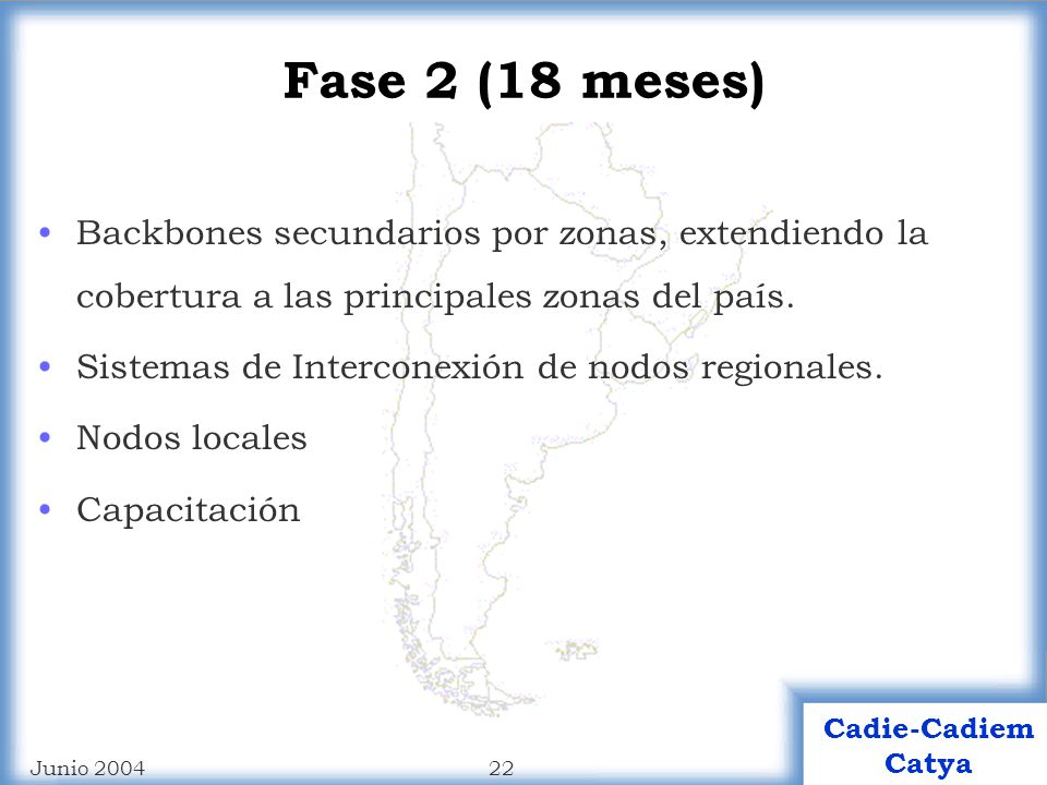 Fase 2 (18 meses) Backbones secundarios por zonas, extendiendo la cobertura a las principales zonas del país.