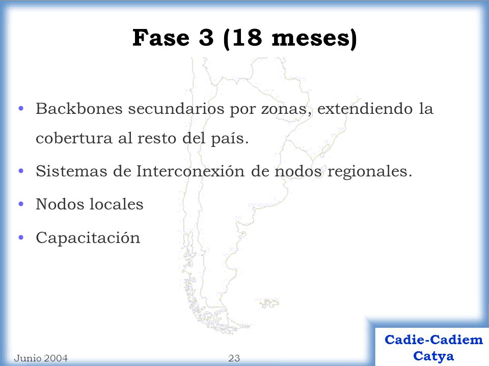 Fase 3 (18 meses) Backbones secundarios por zonas, extendiendo la cobertura al resto del país. Sistemas de Interconexión de nodos regionales.