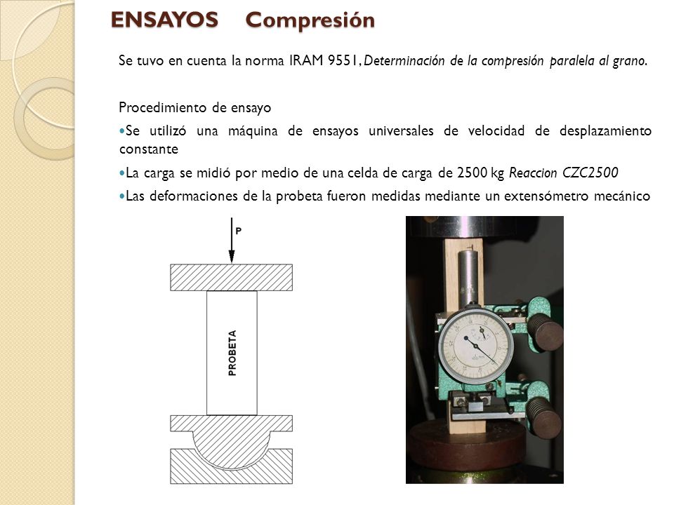 ENSAYOS Compresión Se tuvo en cuenta la norma IRAM 9551, Determinación de la compresión paralela al grano.