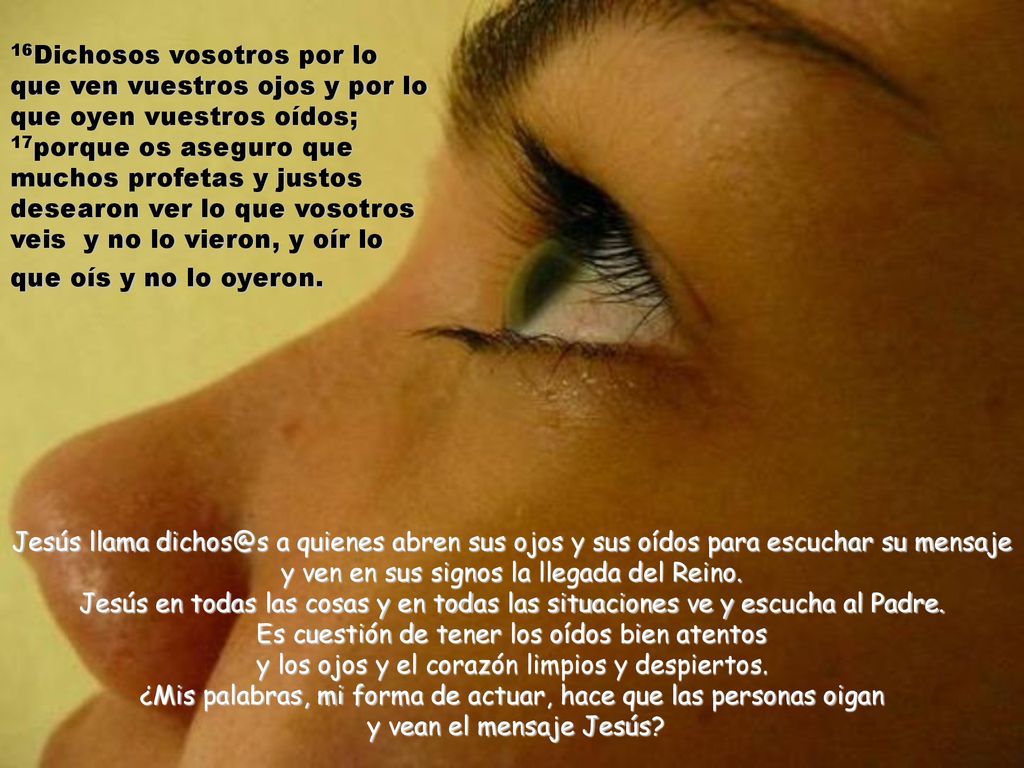 16Dichosos vosotros por lo que ven vuestros ojos y por lo que oyen vuestros oídos; 17porque os aseguro que muchos profetas y justos desearon ver lo que vosotros veis y no lo vieron, y oír lo que oís y no lo oyeron.