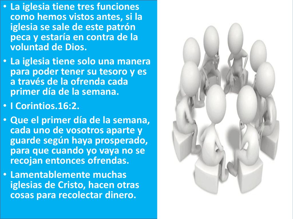 La iglesia tiene tres funciones como hemos vistos antes, si la iglesia se sale de este patrón peca y estaría en contra de la voluntad de Dios.