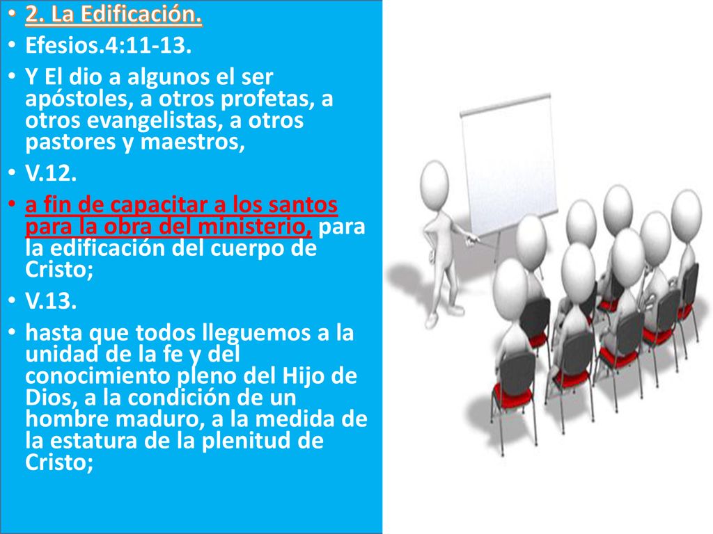 2. La Edificación. Efesios.4: Y El dio a algunos el ser apóstoles, a otros profetas, a otros evangelistas, a otros pastores y maestros,