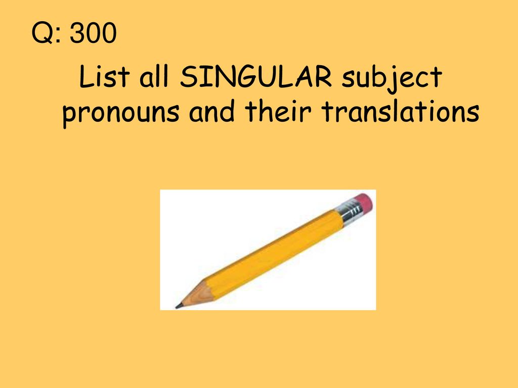 List all SINGULAR subject pronouns and their translations