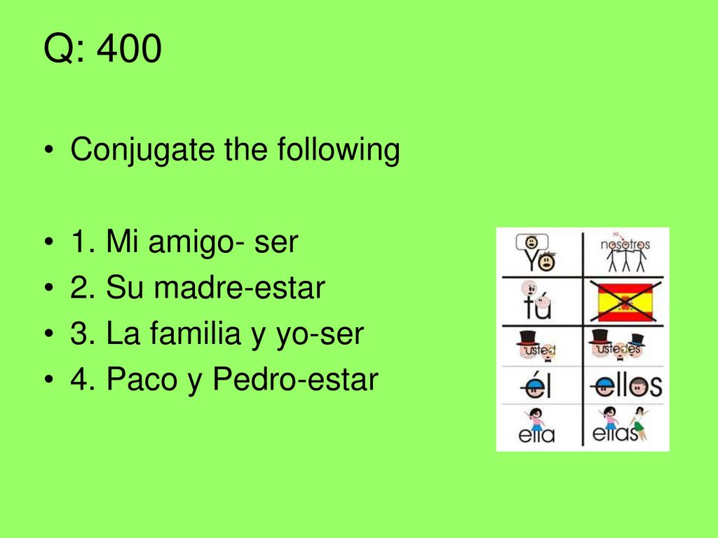 Q: 400 Conjugate the following 1. Mi amigo- ser 2. Su madre-estar