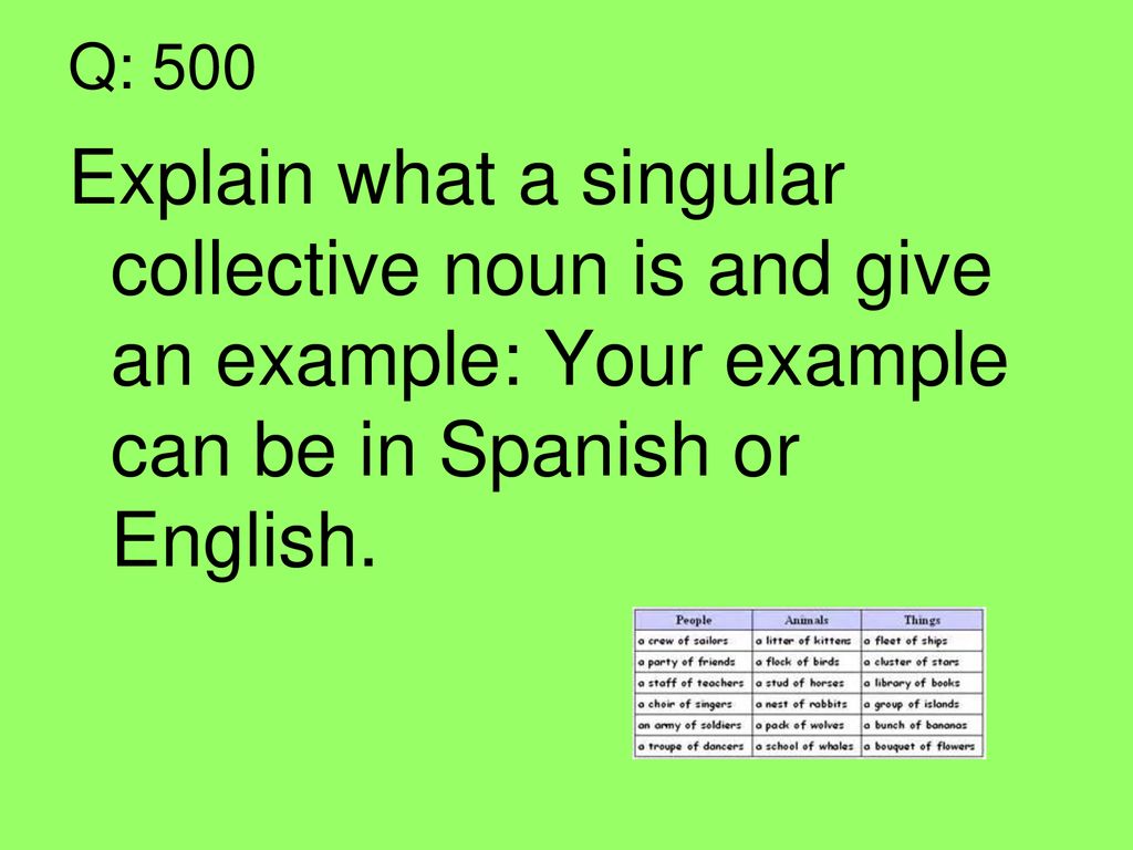 Q: 500 Explain what a singular collective noun is and give an example: Your example can be in Spanish or English.