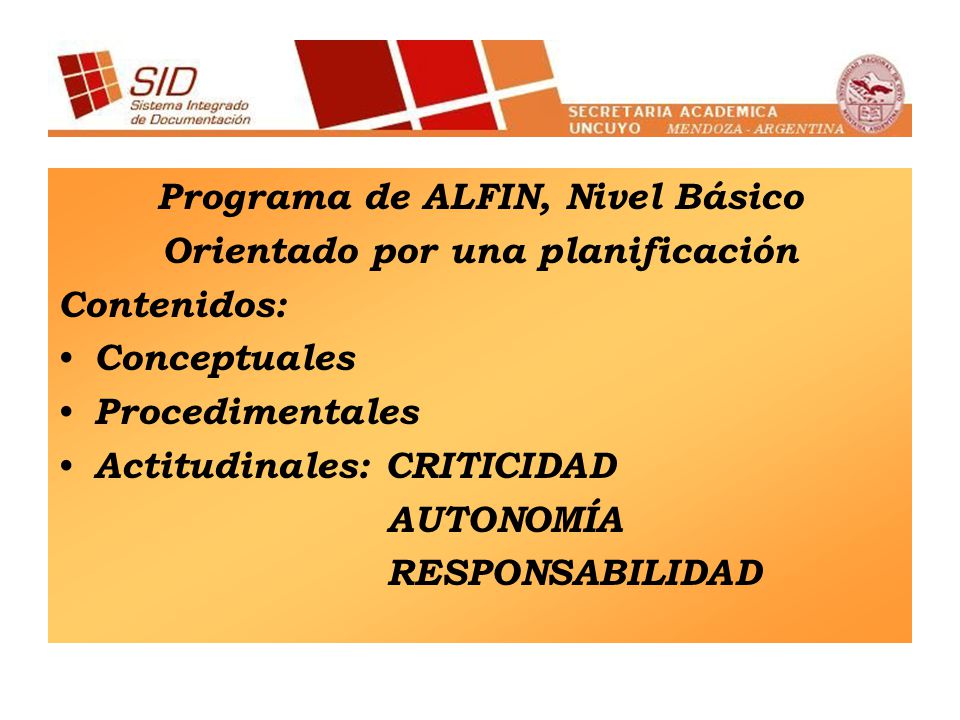 Programa de ALFIN, Nivel Básico Orientado por una planificación