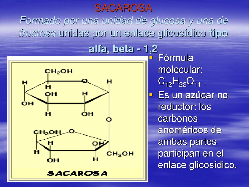 SACAROSA Formado por una unidad de glucosa y una de fructosa unidas por un enlace glicosídico tipo alfa, beta - 1,2
