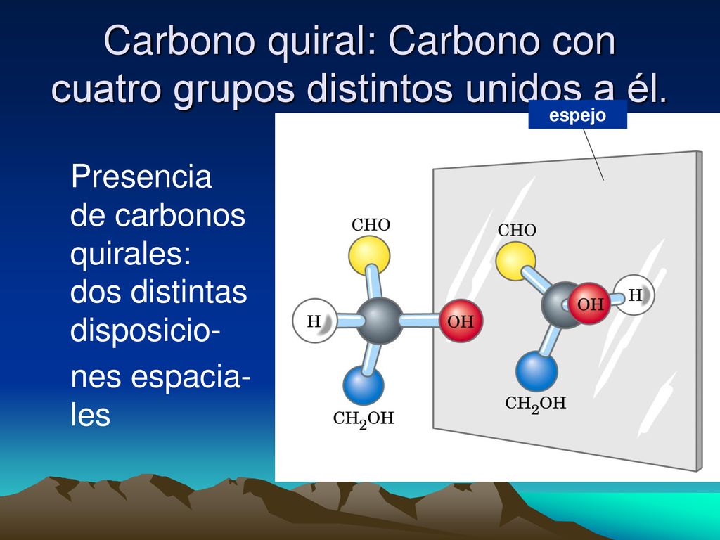 Carbono quiral: Carbono con cuatro grupos distintos unidos a él.