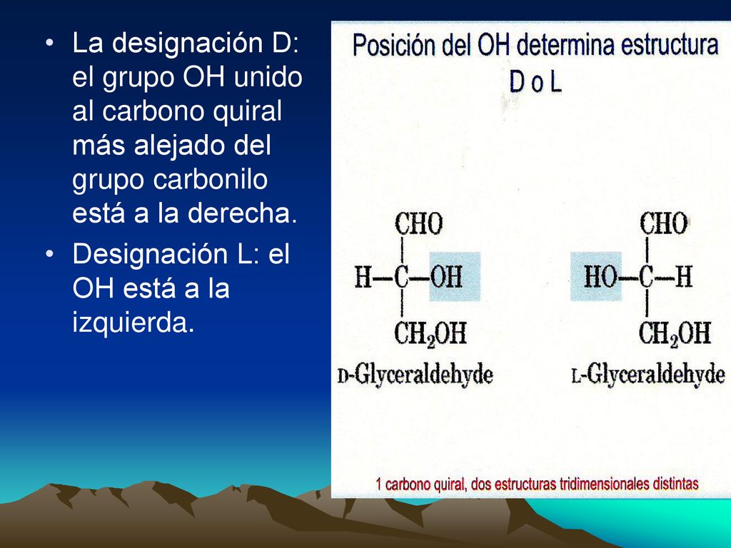 La designación D: el grupo OH unido al carbono quiral más alejado del grupo carbonilo está a la derecha.