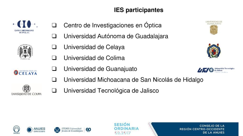 IES participantes Centro de Investigaciones en Óptica. Universidad Autónoma de Guadalajara. Universidad de Celaya.