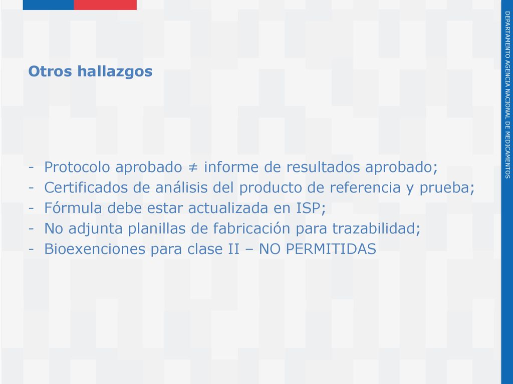 Otros hallazgos Protocolo aprobado ≠ informe de resultados aprobado; Certificados de análisis del producto de referencia y prueba;