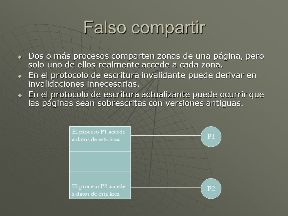 Falso compartir Dos o más procesos comparten zonas de una página, pero solo uno de ellos realmente accede a cada zona.