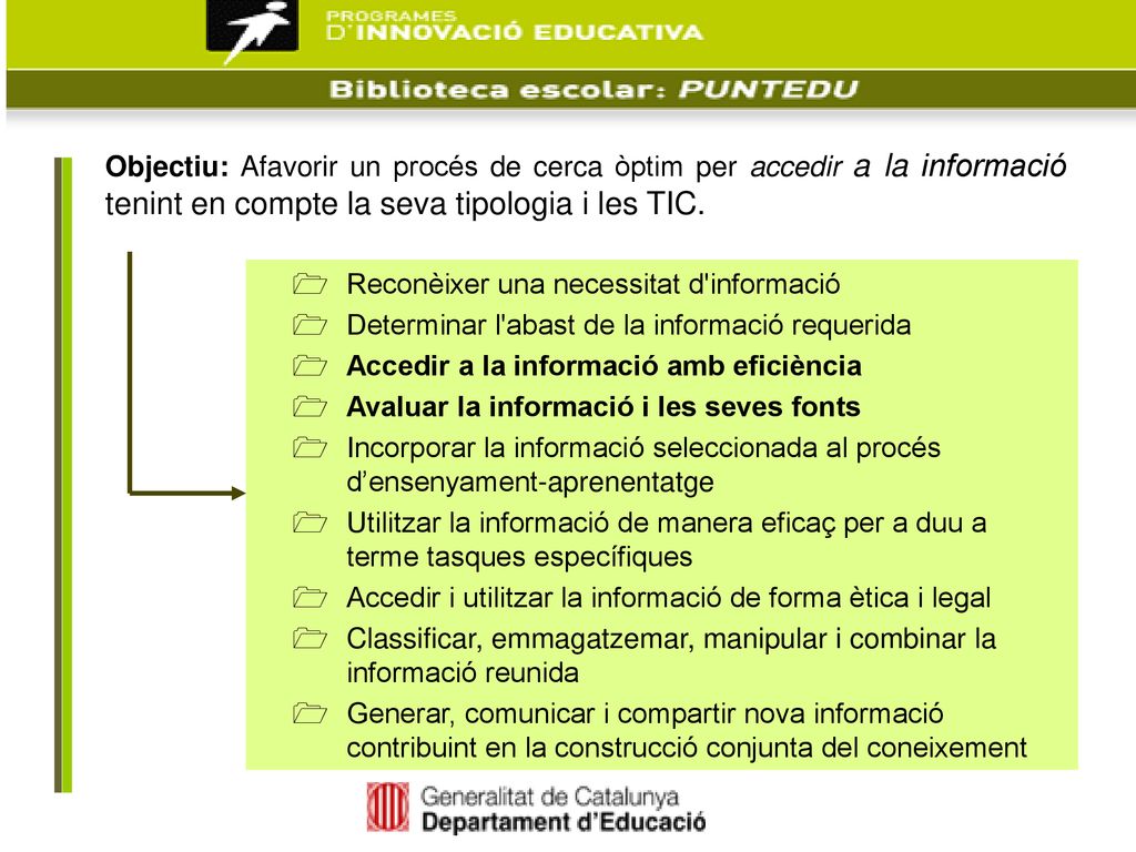 Objectiu: Afavorir un procés de cerca òptim per accedir a la informació tenint en compte la seva tipologia i les TIC.