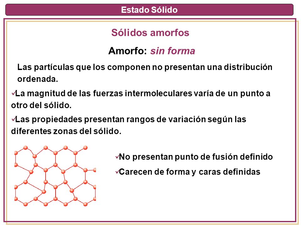 Sólidos amorfos Amorfo: sin forma Estado Sólido
