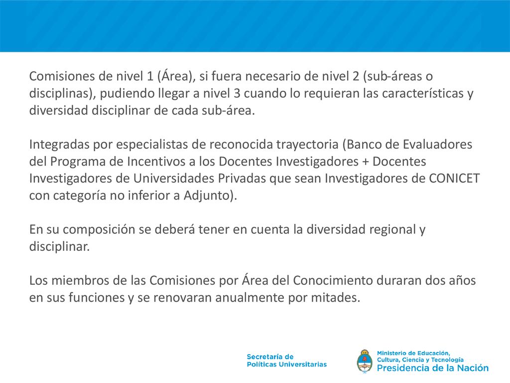 Comisiones de nivel 1 (Área), si fuera necesario de nivel 2 (sub-áreas o disciplinas), pudiendo llegar a nivel 3 cuando lo requieran las características y diversidad disciplinar de cada sub-área.