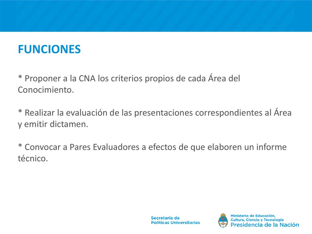 FUNCIONES * Proponer a la CNA los criterios propios de cada Área del Conocimiento.