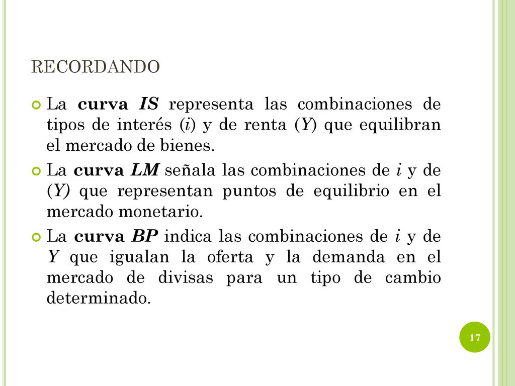 recordando La curva IS representa las combinaciones de tipos de interés (i) y de renta (Y) que equilibran el mercado de bienes.
