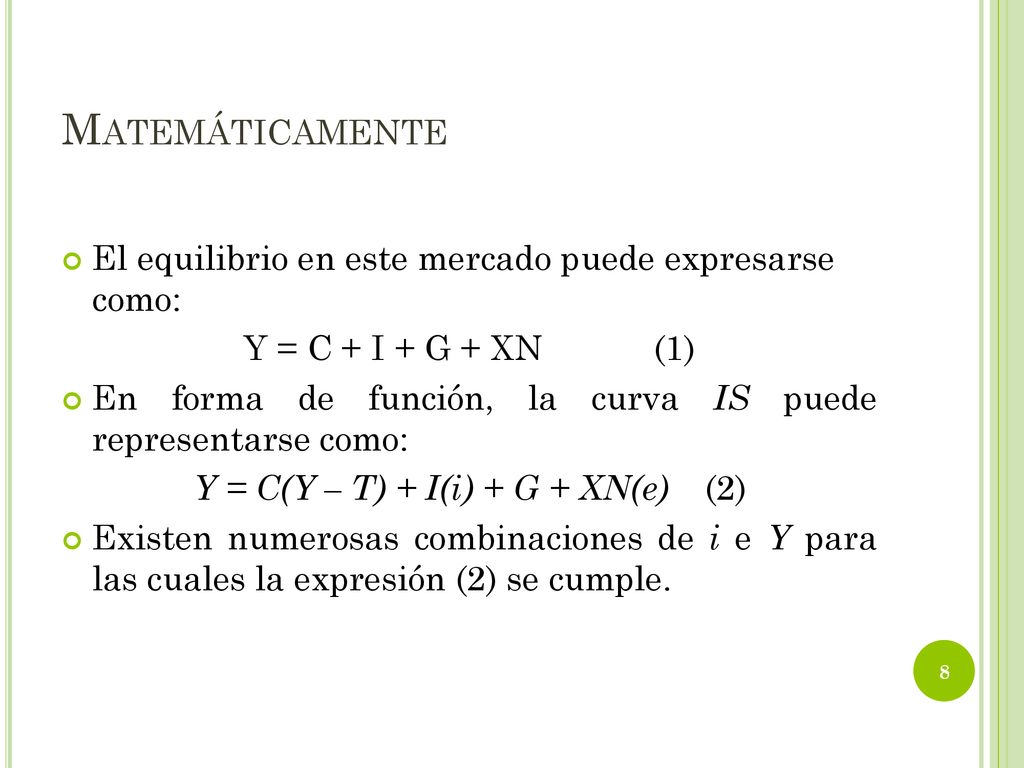 Y = C(Y – T) + I(i) + G + XN(e) (2)