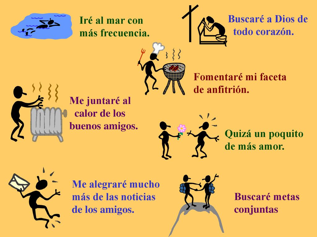 Iré al mar con más frecuencia. Buscaré a Dios de. todo corazón. Fomentaré mi faceta. de anfitrión.