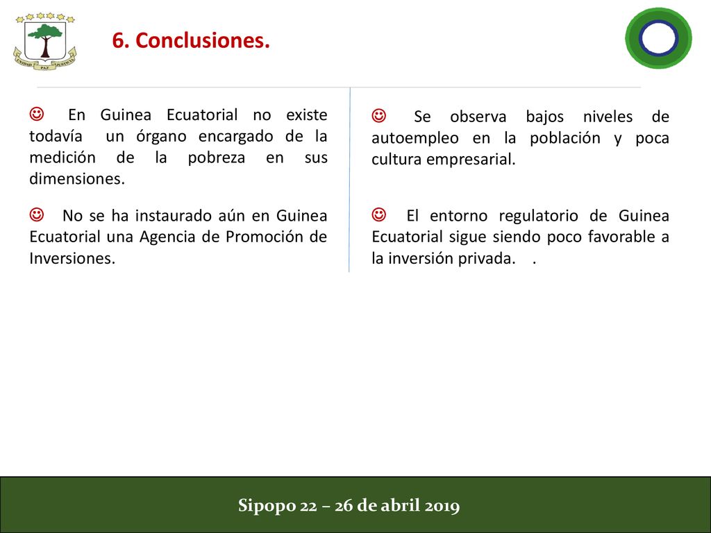 6. Conclusiones. J En Guinea Ecuatorial no existe todavía un órgano encargado de la medición de la pobreza en sus dimensiones.
