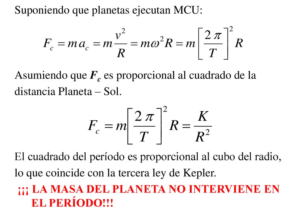 Suponiendo que planetas ejecutan MCU: Asumiendo que Fc es proporcional al cuadrado de la distancia Planeta – Sol.