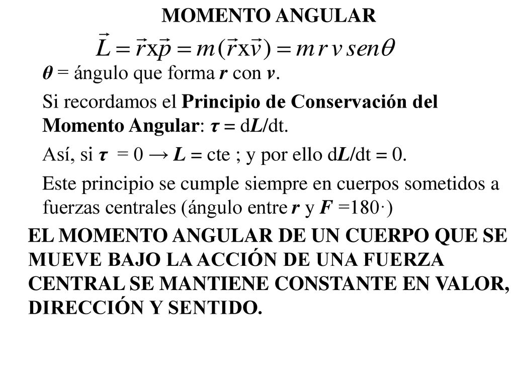 MOMENTO ANGULAR θ = ángulo que forma r con v. Si recordamos el Principio de Conservación del Momento Angular: τ = dL/dt.
