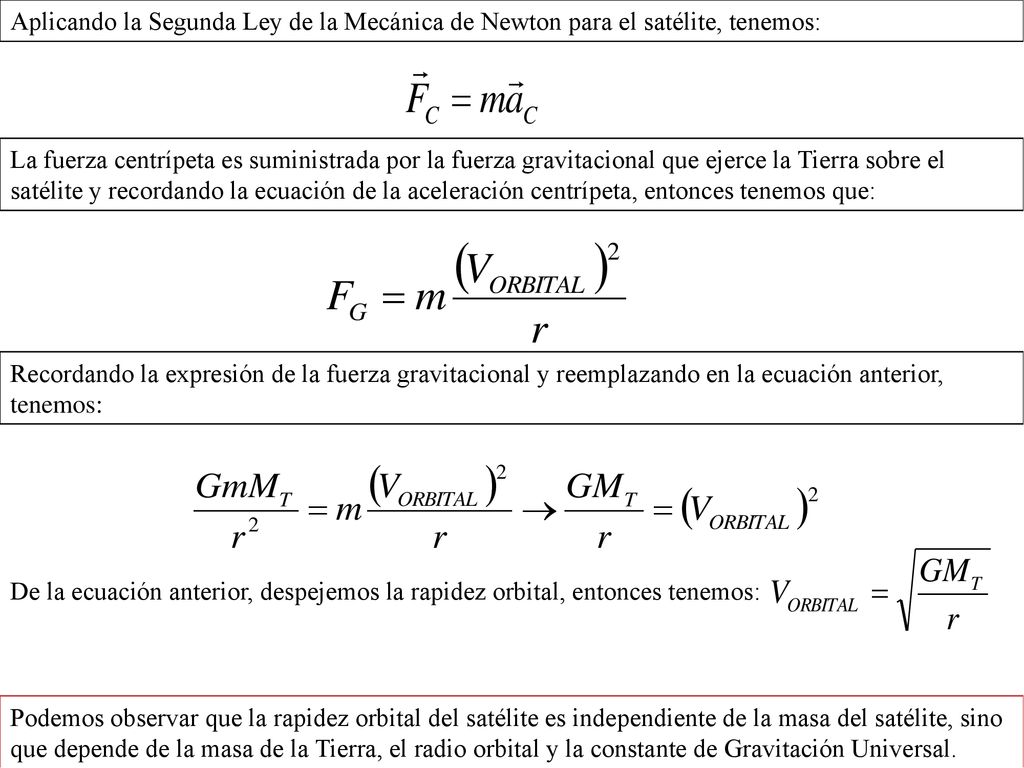 Aplicando la Segunda Ley de la Mecánica de Newton para el satélite, tenemos: