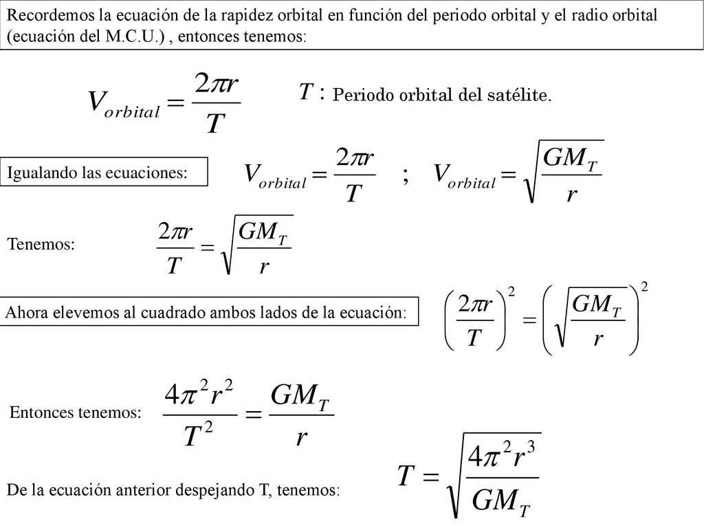 Recordemos la ecuación de la rapidez orbital en función del periodo orbital y el radio orbital (ecuación del M.C.U.) , entonces tenemos: