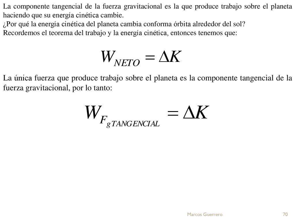 La componente tangencial de la fuerza gravitacional es la que produce trabajo sobre el planeta haciendo que su energía cinética cambie.