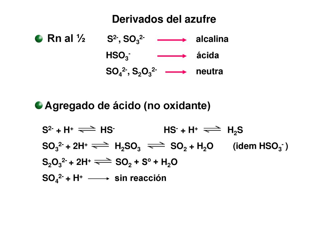 Derivados del azufre Rn al ½ S2-, SO32- alcalina HSO3- ácida