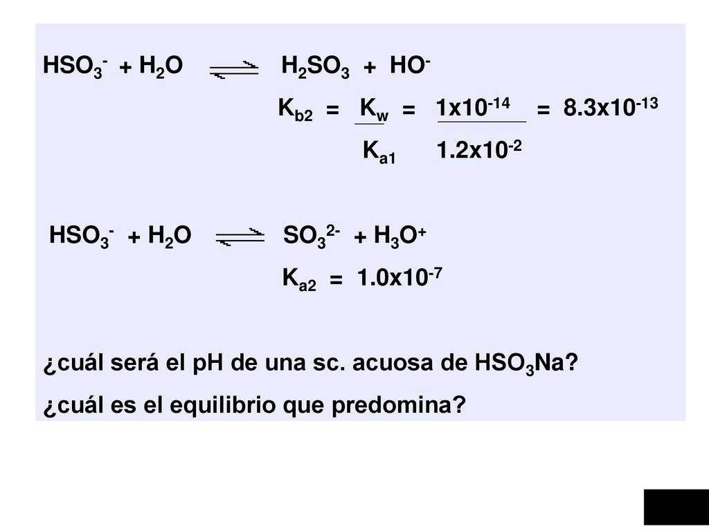 HSO3- + H2O H2SO3 + HO- Kb2 = Kw = 1x10-14 = 8.3x Ka1 1.2x10-2.
