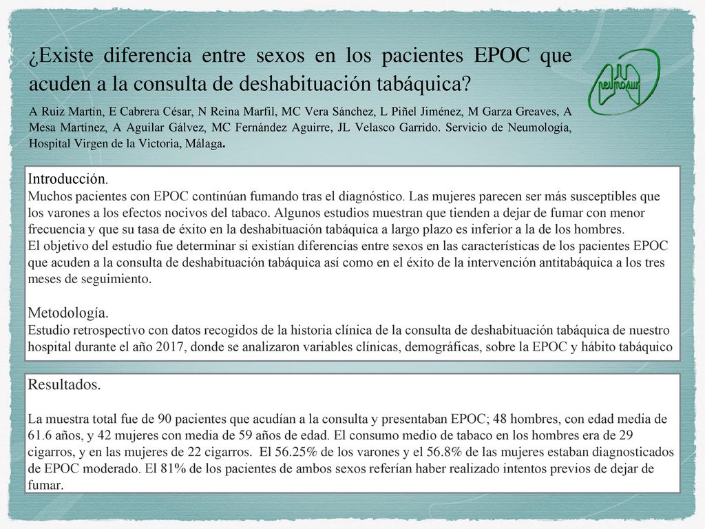 ¿Existe diferencia entre sexos en los pacientes EPOC que acuden a la consulta de deshabituación tabáquica