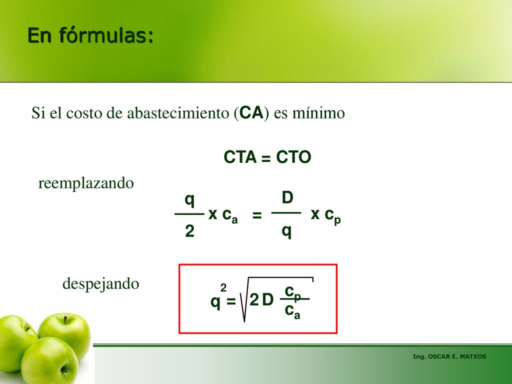 En fórmulas: Si el costo de abastecimiento (CA) es mínimo CTA = CTO