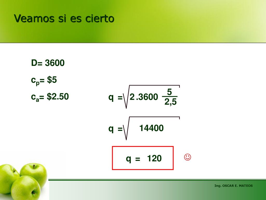 Veamos si es cierto D= 3600 cp= $5 5 ca= $2.50 q = ,5 q =