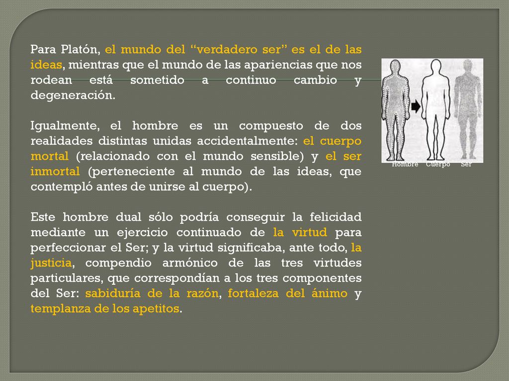 Para Platón, el mundo del verdadero ser es el de las ideas, mientras que el mundo de las apariencias que nos rodean está sometido a continuo cambio y degeneración.
