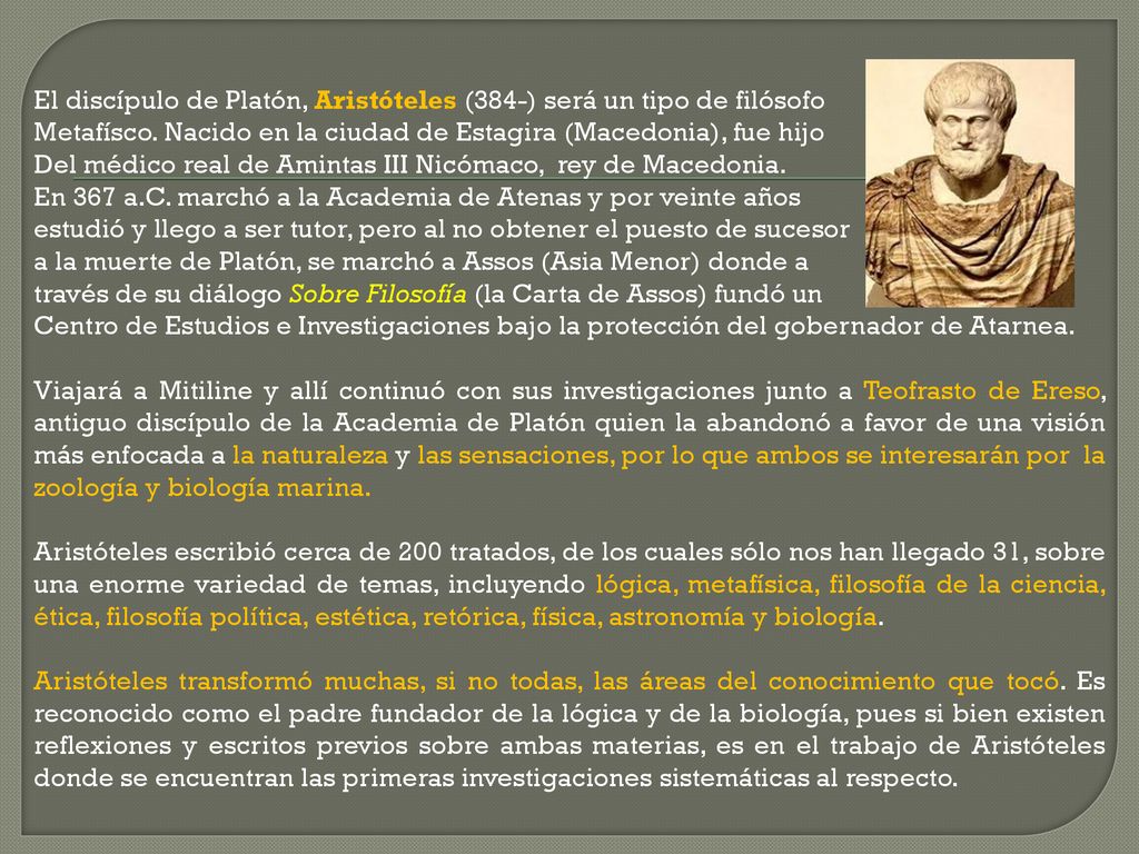 El discípulo de Platón, Aristóteles (384-) será un tipo de filósofo Metafísco.