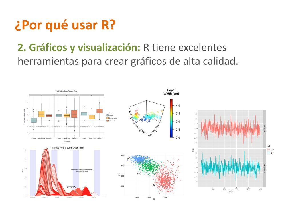 ¿Por qué usar R 2. Gráficos y visualización: R tiene excelentes herramientas para crear gráficos de alta calidad.