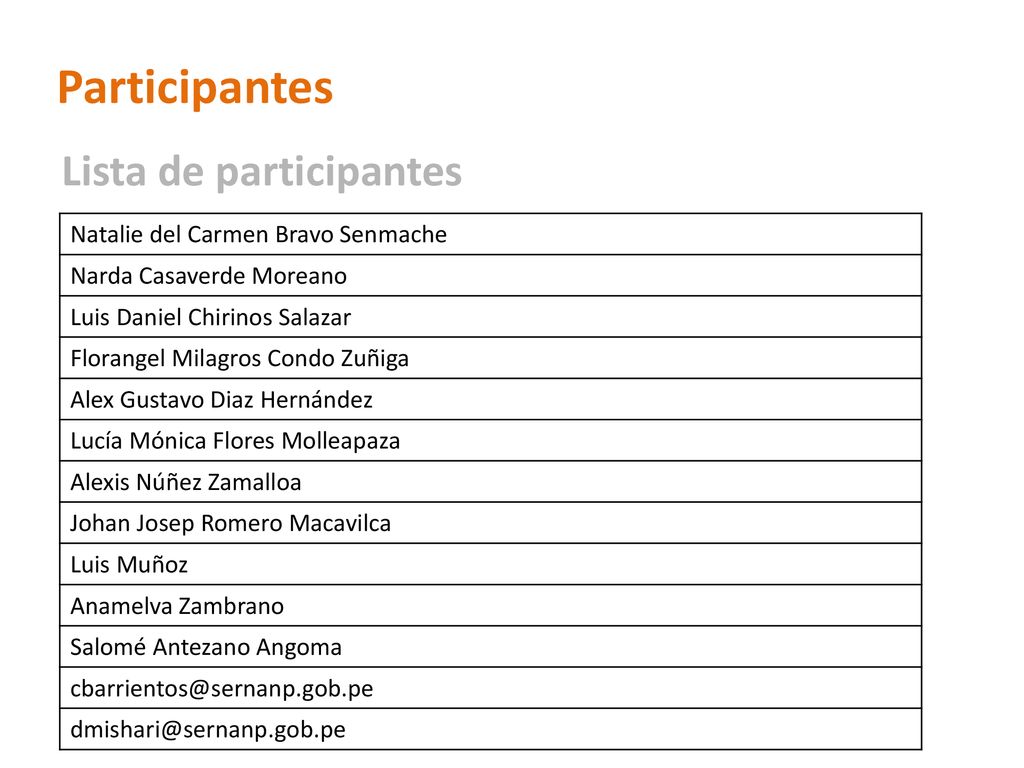 Participantes Lista de participantes Natalie del Carmen Bravo Senmache