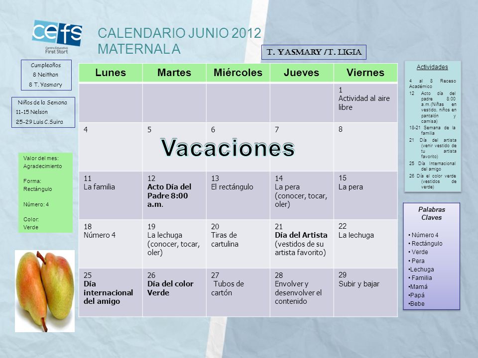 Vacaciones CALENDARIO JUNIO 2012 MATERNAL A Lunes Martes Miércoles