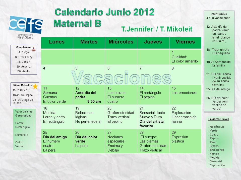 Vacaciones Calendario Junio 2012 Maternal B T.Jennifer / T. Mikoleit