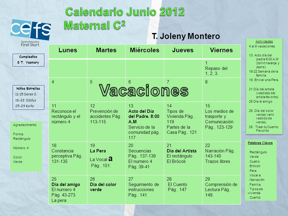 Vacaciones Calendario Junio 2012 Maternal C2 T. Joleny Montero Lunes