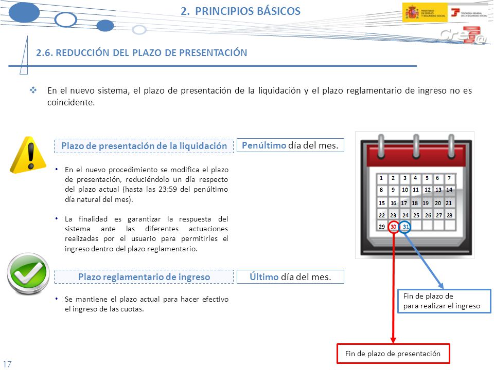 Plazo de presentación de la liquidación Plazo reglamentario de ingreso