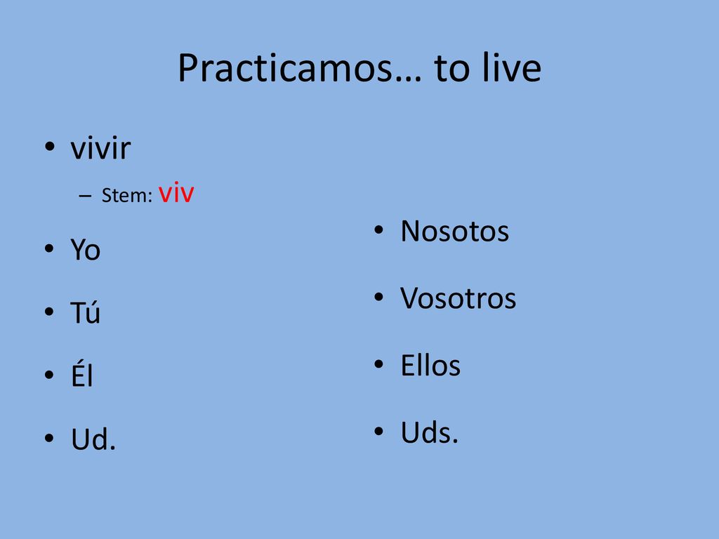 Practicamos… to live vivir Nosotos Yo Vosotros Tú Ellos Él Uds. Ud.