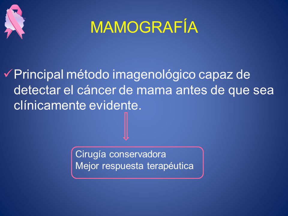 MAMOGRAFÍA Principal método imagenológico capaz de detectar el cáncer de mama antes de que sea clínicamente evidente.
