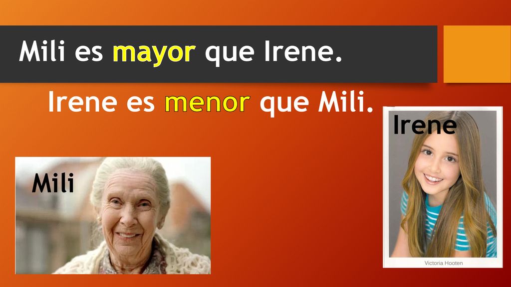 Mili es mayor que Irene. Irene es menor que Mili. Irene Mili